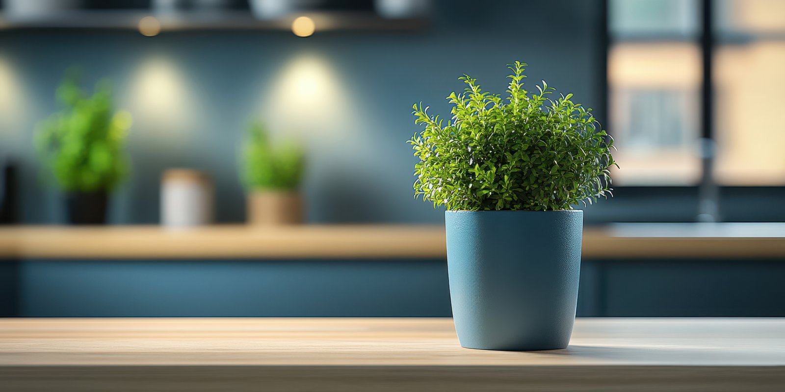 Green potted plant on a wooden table in a modern kitchen setting with soft lighting